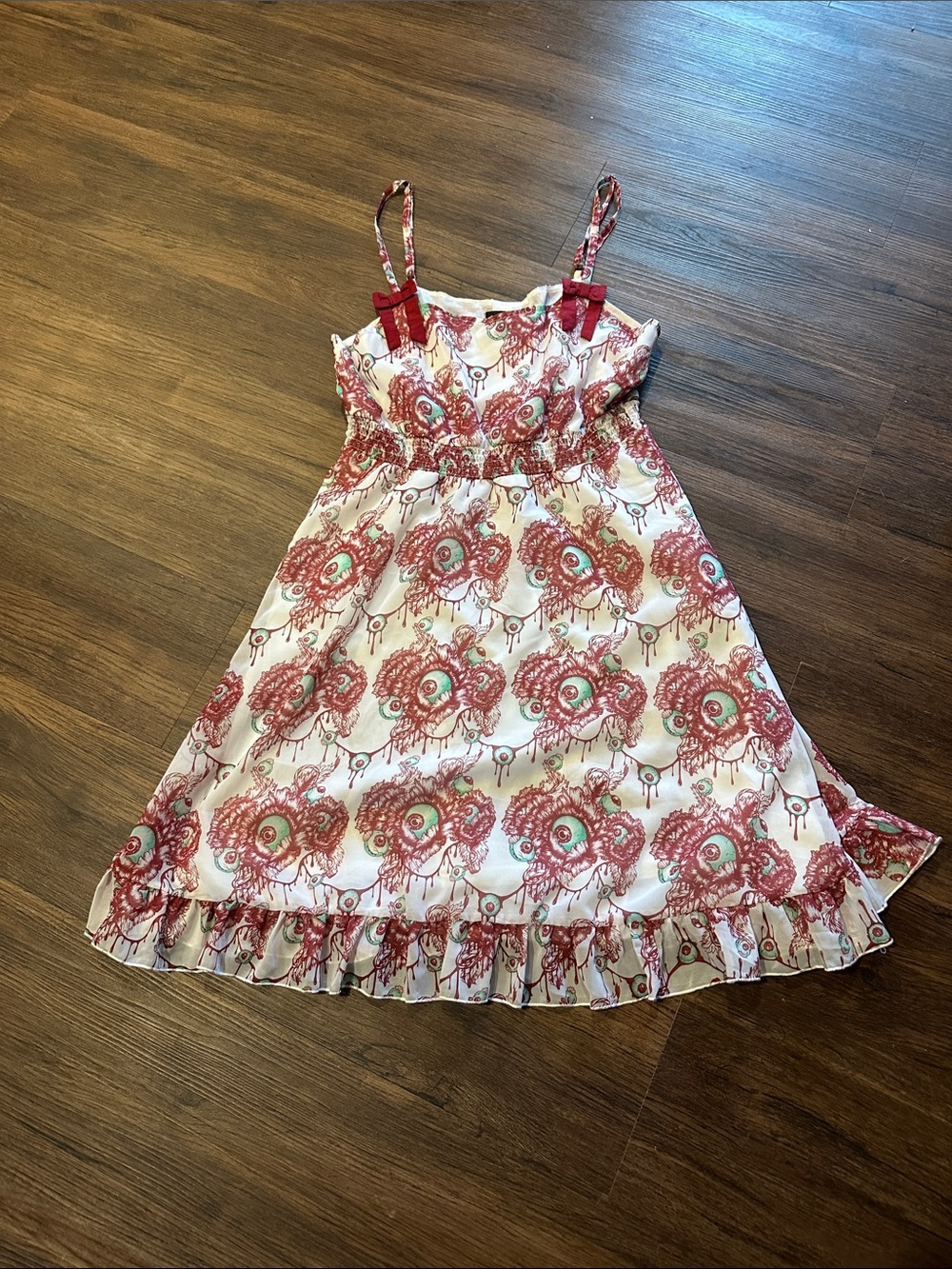 Sourpuss burgandy and Cream Floral Ruffle Sundress